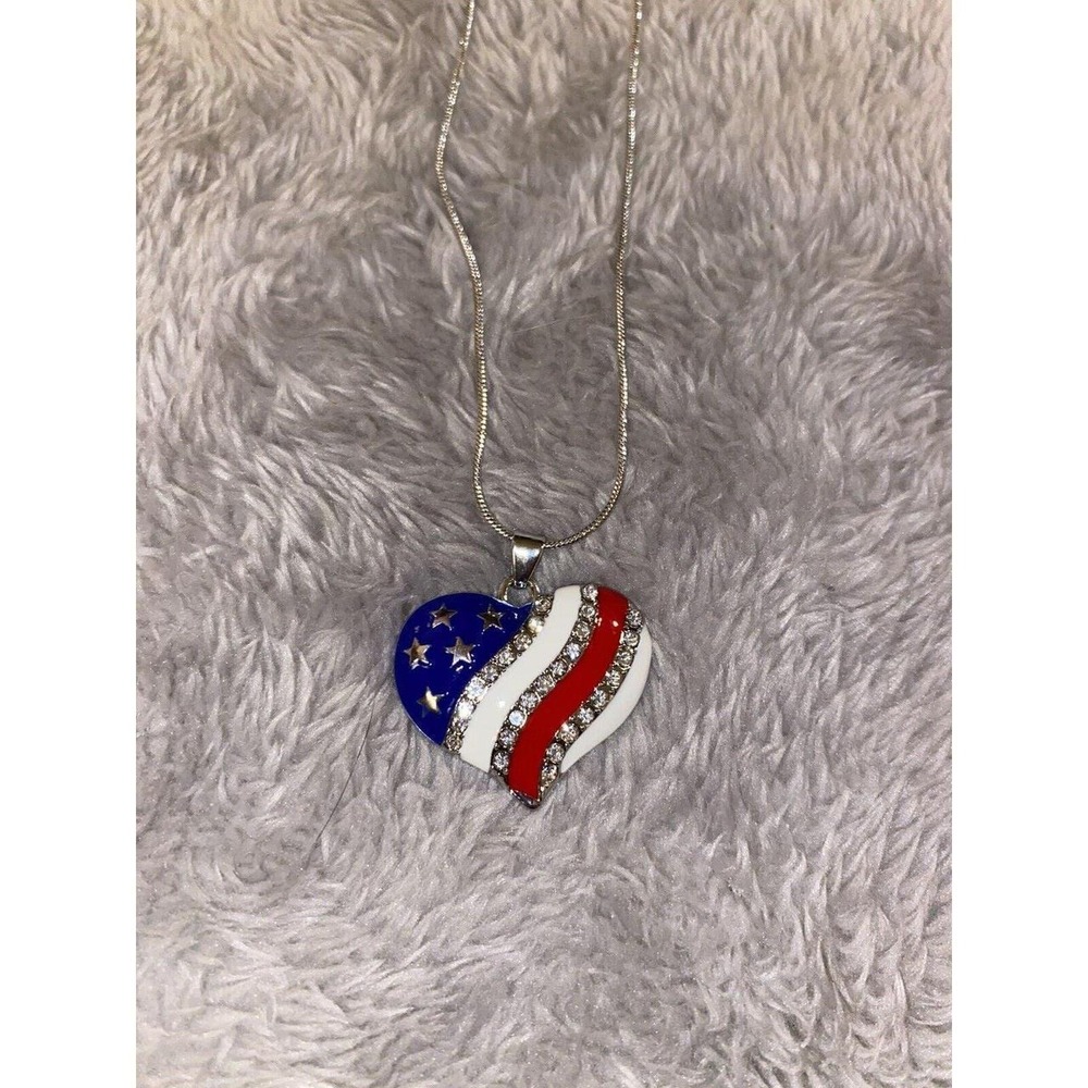 American‎ Flag Necklace. 17" Silver Chain
